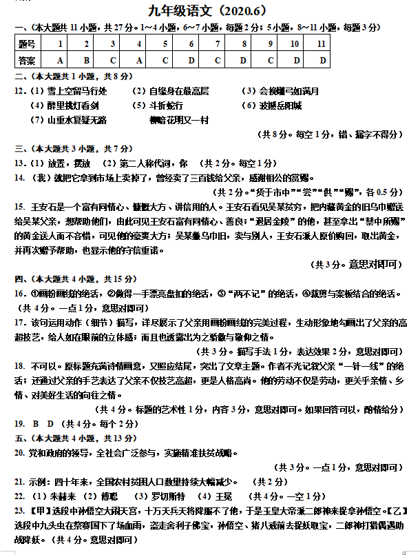 天津市红桥区2020年九年级二模语文题答案（图片版）